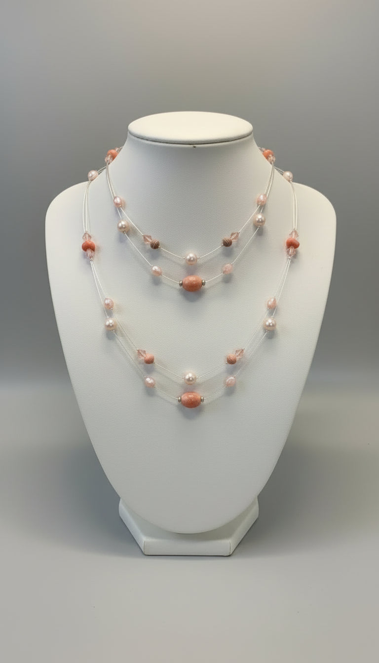 wire necklace, faux peach pearls.  Peach and pink tones bead accents